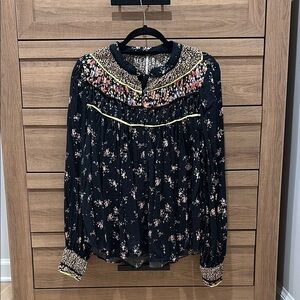 Free People Floral Embellished Bib Collar Blouse